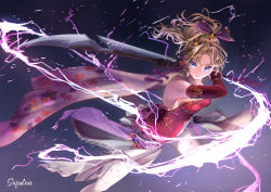 Rule 34 | 1girl, absurdres, aura, blonde hair, blue eyes, bow, bridal gauntlets, cape, detached sleeves, electricity, final fantasy, final fantasy vi, floral print, hair bow, highres, holding, holding sword, holding weapon, looking at viewer, pantyhose, patterned clothing, poncosturo, serious, solo, sword, tina branford, wavy hair, weapon, white pantyhose