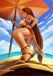 Rule 34 | 1girl, ass, badcompzero, beach umbrella, breasts, brown eyes, brown hair, feet, from below, hand on own hip, large breasts, league of legends, legs, leona (league of legends), long hair, pool party leona, sand, sandals, shirt, solo, taut clothes, taut shirt, thighs, toes, umbrella, very long hair