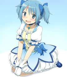 Rule 34 | 1girl, alternate hair length, alternate hairstyle, blue eyes, blue hair, bow, bubble skirt, choker, collarbone, cosplay, gloves, hair bow, kaname madoka, kaname madoka (cosplay), magical girl, mahou shoujo madoka magica, mahou shoujo madoka magica (anime), maruki (punchiki), matching hair/eyes, miki sayaka, open mouth, short twintails, sitting, skirt, solo, soul gem, twintails