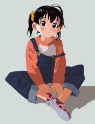 Rule 34 | 1girl, absurdres, black eyes, black hair, blush, female focus, grey background, highres, kuraue hinata, overalls, piezo, scrunchie, shadow, shoes, simple background, sitting, solo, strap slip, twintails, yama no susume