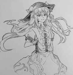 Rule 34 | 1girl, center frills, commentary, food, frills, fruit, greyscale, hand on hilt, hat, highres, hinanawi tenshi, kanaria (bocmn), leaf hat ornament, long hair, monochrome, one-hour drawing challenge, parted lips, peach, shirt, short sleeves, sidelocks, simple background, sketch, skirt, smile, solo, touhou, traditional media