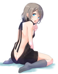 Rule 34 | 10s, 1girl, ass, backless dress, backless outfit, bare back, bare shoulders, black sweater, blue eyes, blush, breasts, brown hair, butt crack, drawstring, dress, halterneck, highres, kanabun, looking back, love live!, love live! sunshine!!, meme attire, naked sweater, open mouth, short hair, sideboob, small breasts, solo, sweater, sweater dress, turtleneck, turtleneck sweater, virgin killer sweater, watanabe you