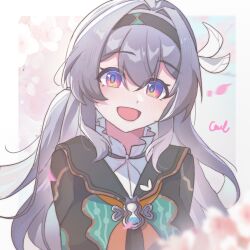 Rule 34 | 1605051291, 1girl, :d, artist name, black hairband, black jacket, blue pupils, blush, border, branch, cherry blossoms, collared shirt, commentary request, firefly (honkai: star rail), grey hair, hair intakes, hairband, highres, honkai: star rail, honkai (series), jacket, long hair, looking at viewer, neckerchief, open mouth, orange neckerchief, outside border, portrait, shirt, smile, solo, white border, white shirt