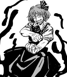 Rule 34 | 1girl, absurdres, ascot, commentary, eddybird55555, english commentary, greyscale, hair ribbon, highres, jujutsu kaisen, looking at viewer, monochrome, parody, ribbon, ringed eyes, rumia, sharp teeth, short sleeves, simple background, solo, teeth, touhou