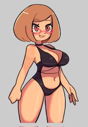 Rule 34 | 1girl, alternate costume, bare shoulders, black one-piece swimsuit, blush, bob cut, breasts, brown eyes, brown hair, cleavage, commentary, cropped legs, english commentary, glasses, grey background, halterneck, highres, large breasts, light brown hair, navel, nikki (swapnote), nintendo, one-piece swimsuit, red-framed eyewear, round eyewear, shiny skin, short hair, simple background, smile, solo, standing, stomach, swapnote, swimsuit, teeth, thighs, xeno (xenoglitch)
