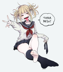 Rule 34 | 1girl, barefoot, black socks, blonde hair, blue sailor collar, blunt bangs, blush, boku no hero academia, cardigan, double bun, eyeliner, eyeshadow, fangs, feet, hair bun, highres, holding, kneehighs, long sleeves, looking at viewer, makeup, messy hair, neckerchief, open mouth, perspective, pleated skirt, red neckerchief, sailor collar, school uniform, serafuku, sidelocks, simple background, sitting, skirt, smile, socks, solo, speech bubble, thighs, toe scrunch, toenails, toes, toga himiko, tongue, tongue out, ura musi, v, white background, yellow eyes