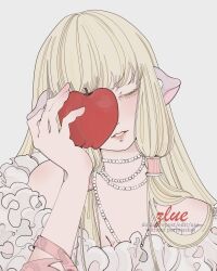Rule 34 | 1girl, apple, artist name, blonde hair, blunt bangs, chii, chobits, close-up, dress, female focus, food, frilled dress, frills, fruit, hair over shoulder, highres, holding, holding food, holding fruit, jewelry, long hair, looking down, low-tied sidelocks, necklace, one eye covered, parted lips, pearl necklace, robot ears, simple background, solo, upper body, zlue