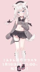 Rule 34 | 1girl, :o, animal ear fluff, animal ears, beret, black bow, black footwear, black hat, black skirt, blue eyes, blush, bow, braid, breasts, center frills, collarbone, collared shirt, commentary request, crop top, frilled shirt, frilled shirt collar, frills, full body, grey bow, grey jacket, hair bow, hat, highres, hoshi (snacherubi), jacket, kneehighs, loafers, long hair, long sleeves, looking at viewer, low twintails, midriff, navel, off shoulder, open clothes, open jacket, original, parted lips, pink background, pleated skirt, shirt, shoes, simple background, skirt, sleeves past fingers, sleeves past wrists, small breasts, socks, solo, standing, tail, twin braids, twintails, very long hair, white hair, white socks