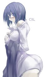 Rule 34 | 1girl, ass, blue eyes, blue hair, blush, breasts, ciel (tsukihime), curvy, embarrassed, from side, glasses, looking at viewer, open clothes, pajamas, short hair, solo, tsukihime, tsukiri project