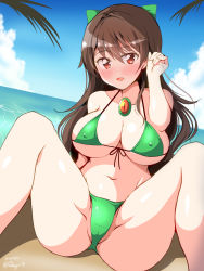 Rule 34 | 1girl, arm up, beach, bikini, blush, bow, breasts, brown hair, cameltoe, cleavage, cloud, commentary request, covered erect nipples, deego (omochi bazooka), eyes visible through hair, fang, full body, green bikini, green bow, hair between eyes, hair bow, highres, horizon, large breasts, long hair, looking at viewer, navel, no wings, open mouth, palm tree, partially visible vulva, red eyes, reiuji utsuho, sand, shiny skin, sitting, sky, solo, stomach, swimsuit, third eye, touhou, tree