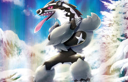 Rule 34 | blue sky, claws, cloud, creature, creatures (company), crossed arms, day, feet out of frame, game freak, gen 8 pokemon, legs apart, nintendo, no humans, obstagoon, official art, outdoors, pokemon, pokemon (creature), pokemon tcg, purple eyes, saitou kouki, sharp teeth, sky, snow, solo, standing, teeth, third-party source, tongue, tongue out, tree