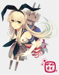 Rule 34 | 10s, 1girl, blonde hair, blue eyes, gloves, hairband, highres, kantai collection, kyama, long hair, rensouhou-chan, ribbon, sailor collar, shimakaze (kancolle), smile, striped clothes, striped thighhighs, thighhighs