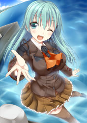 Rule 34 | 10s, 1girl, aqua eyes, aqua hair, ascot, blazer, blue sky, brown thighhighs, cloud, day, highres, hisae (hisae collect), jacket, kantai collection, long hair, long sleeves, looking at viewer, ocean, one eye closed, open mouth, pleated skirt, shirt, skirt, sky, smile, solo, suzuya (kancolle), thighhighs, zettai ryouiki