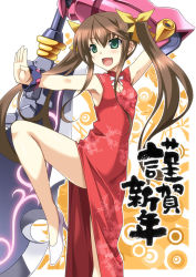 Rule 34 | 10s, 1girl, aoi masami, brown hair, china dress, chinese clothes, dress, fang, fighting stance, green eyes, hair ribbon, huang lingyin, infinite stratos, legs, long hair, long legs, new year, open mouth, polearm, red dress, ribbon, solo, thighs, translation request, twintails, weapon