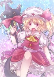 Rule 34 | 1girl, ascot, back bow, blonde hair, bow, collared shirt, crystal, fang, feet out of frame, flandre scarlet, frilled shirt collar, frilled sleeves, frills, hat, hat ribbon, highres, holding, holding polearm, holding weapon, laevatein (touhou), layered skirt, looking at viewer, medium hair, mob cap, multicolored wings, open mouth, polearm, puffy short sleeves, puffy sleeves, red eyes, red ribbon, red skirt, red vest, ribbon, sacchan happy, shirt, short sleeves, side ponytail, skirt, skirt set, solo, touhou, v-shaped eyebrows, vest, weapon, white bow, white hat, white shirt, wings, yellow ascot