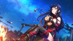 Rule 34 | 1girl, black hair, breasts, campfire, cleavage, cup, embers, girls frantic clan, higaki eiko, highres, large breasts, looking at viewer, night, night sky, official art, outdoors, sitting, sky, smile, star (sky), starry sky, thighhighs, yaegashi nan, yellow eyes