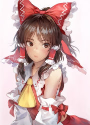 Rule 34 | 1girl, ascot, bare shoulders, blush, bow, brown eyes, brown hair, collarbone, commentary, detached sleeves, frilled bow, frilled shirt collar, frills, hair tubes, hakurei reimu, half updo, long sleeves, looking at viewer, matsuda (matsukichi), midriff peek, pink background, red bow, red skirt, ribbon-trimmed sleeves, ribbon trim, sarashi, short hair, sidelocks, simple background, skirt, skirt set, solo, touhou, upper body, wide sleeves, yellow ascot
