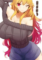 Rule 34 | 1girl, alternate costume, alternate hair color, arm behind head, black sweater, blonde hair, blush, breasts, cleavage, contemporary, cowboy shot, denim, denim shorts, gradient hair, highres, huge breasts, junko (touhou), light frown, long hair, long sleeves, looking at viewer, mature female, multicolored hair, off-shoulder, off-shoulder sweater, off shoulder, one eye closed, pink hair, ribbed sweater, satou rin (gobugabuge), shiny skin, shirt, shorts, sidelocks, simple background, solo, sweater, taut clothes, taut shirt, touhou, very long hair, white background