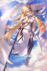 Rule 34 | 1girl, armor, armored dress, blue eyes, blue sky, breasts, cloud, day, detached sleeves, duan henglong, fate/apocrypha, fate/grand order, fate (series), gloves, hair between eyes, headphones, highres, jeanne d&#039;arc (fate), jeanne d&#039;arc (ruler) (fate), jeanne d&#039;arc (third ascension) (fate), large breasts, long hair, looking at viewer, revision, sideboob, skindentation, sky, standard bearer, sword, thighhighs, thighs, weapon
