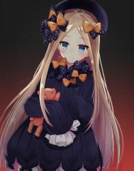 Rule 34 | 1girl, abigail williams (fate), amu (mokopopo), black background, black bow, black dress, black hat, blonde hair, bloomers, blue eyes, bow, bug, butterfly, closed mouth, dress, fate/grand order, fate (series), forehead, gradient background, hair bow, hat, highres, hugging object, insect, long hair, long sleeves, looking at viewer, orange bow, parted bangs, polka dot, polka dot bow, red background, sleeves past wrists, smile, solo, stuffed animal, stuffed toy, teddy bear, underwear, very long hair, white bloomers