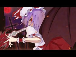 Rule 34 | 1girl, cross, female focus, ilis, letterboxed, moon, outdoors, polearm, purple hair, red eyes, remilia scarlet, short hair, sky, solo, standing, touhou, weapon