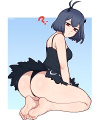Rule 34 | 1girl, afrobull, ass, bare legs, barefoot, black clover, black panties, blue hair, confused, confusion, feet, female focus, highres, horn, horns, nose, panties, question mark, red eyes, secre swallowtail, short hair, soles, solo, thighs, toes, underwear