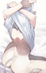 Rule 34 | 1girl, absurdres, animal ears, ass, back, bare back, bottomless, clothes lift, from behind, grey hair, highres, hololive, lifting own clothes, lion ears, lion girl, lion tail, shirt, shirt lift, shishiro botan, sitting, solo, tail, tsushi, undressing, virtual youtuber, white shirt