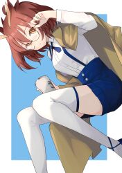 Rule 34 | 1girl, absurdres, alternate costume, arknights, blue background, blue shorts, border, breasts, brown coat, brown hair, buttons, coat, coat on shoulders, commentary, cup, disposable cup, feather hair, feet out of frame, glasses, highres, holding, holding cup, iuri (bungakuyomyom), long sleeves, looking at viewer, medium breasts, orange eyes, parted lips, round eyewear, short hair, shorts, silence (arknights), simple background, skindentation, solo, suspender shorts, suspenders, thighhighs, white thighhighs