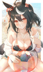 Rule 34 | 1girl, absurdres, animal ears, ball, beach, beachball, bikini, black bikini, black hair, black shorts, blush, breasts, cleavage, collarbone, fingernails, grin, hair between eyes, highres, horse ears, horse girl, horse tail, kitasan black (umamusume), large breasts, looking at viewer, ocean, open fly, red eyes, short hair, shorts, sky cappuccino, smile, solo, swimsuit, tail, umamusume, white hair