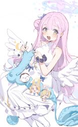 Rule 34 | 1boy, 3girls, angel wings, animal ear fluff, animal ears, doodle sensei (blue archive), bare shoulders, blonde hair, blue archive, blue eyes, blue scarf, chibi, closed eyes, collarbone, commentary, cup, dress, flower, forehead, hair bun, hair flower, hair ornament, high collar, highres, holding, holding cup, knees up, looking at viewer, looking to the side, low wings, mika (blue archive), multicolored eyes, multiple girls, nagisa (blue archive), nemo (leafnight), open mouth, pink eyes, pink hair, purple flower, scarf, scrunchie, seia (blue archive), sensei (blue archive), simple background, single side bun, sleeveless, sleeveless dress, smile, symbol-only commentary, teacup, white background, white dress, white flower, wing ornament, wings, wrapped up, wrist scrunchie, yarn, yarn ball, yellow eyes