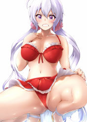 Rule 34 | 1girl, ahoge, amasora taichi, ass, bare arms, bare legs, bare shoulders, bikini, bikini skirt, blush, breasts, breasts apart, cameltoe, clenched teeth, collarbone, frilled bikini, frills, front-tie bikini top, front-tie top, hair between eyes, hand on own chest, hand up, highres, large breasts, long hair, looking at viewer, low twintails, navel, purple eyes, red bikini, sandals, senki zesshou symphogear, sidelocks, silver hair, simple background, solo, squatting, stomach, swimsuit, teeth, thighs, twintails, v-shaped eyebrows, very long hair, white background, yukine chris