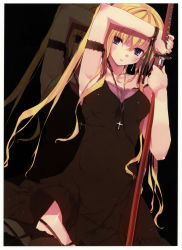 Rule 34 | 1girl, absurdres, arm garter, arm up, armpits, bare shoulders, black dress, black thighhighs, blonde hair, collarbone, covered navel, cross, dress, earrings, fingernails, highres, jewelry, katana, long fingernails, long hair, looking at viewer, necklace, original, purple eyes, refeia, ribbon, scan, sheath, solo, strap slip, sword, thighhighs, twintails, unsheathing, weapon, wrist ribbon