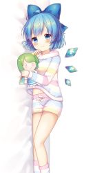 Rule 34 | 0 0, 1girl, ahoge, bed sheet, blue bow, blue eyes, blue hair, blue wings, blush, bow, character doll, cirno, closed mouth, coa (chroo x), daiyousei, dakimakura (medium), detached wings, feet out of frame, hair bow, ice, ice wings, jacket, long sleeves, looking at viewer, loungewear, lying, navel, on side, pajamas, short hair, short shorts, shorts, simple background, sleeves past wrists, smile, socks, solo, striped clothes, striped jacket, striped pajamas, striped shorts, striped socks, touhou, white background, wings