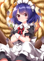 Rule 34 | 1girl, alternate costume, apron, black dress, blue hair, blush, closed mouth, crossed arms, dress, enmaided, feet out of frame, frilled apron, frilled sleeves, frills, highres, looking at viewer, maid, maid apron, maid headdress, red eyes, rope, ruu (tksymkw), shimenawa, short hair, short sleeves, smile, solo, touhou, white apron, yasaka kanako