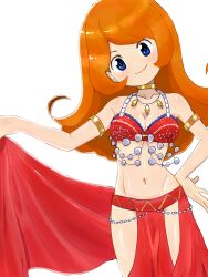 Rule 34 | 1girl, arabian clothes, armlet, bare shoulders, belly dancing, blue eyes, body chain, breasts, cleavage, collarbone, commentary request, cowboy shot, crop top, dancer, detesu, gold choker, harem outfit, head tilt, highres, jewelry, lifting own clothes, medium breasts, midriff, mona (warioware), navel, nintendo, pelvic curtain, simple background, smile, solo, warioware, white background