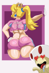 Rule 34 | 1boy, 1girl, ass, ass focus, back, backboob, blonde hair, breasts, crown, drooling, earrings, female focus, from behind, gloves, hand on own hip, heart, heart-shaped eyes, highres, huge ass, jewelry, large breasts, long hair, looking afar, mario (series), midriff, nintendo, open mouth, outstretched arm, pantylines, pink shirt, pink shorts, ponytail, princess peach, shirt, short shorts, short sleeves, shorts, soccer uniform, solo, sportswear, standing, super mario strikers, thighs, toad (mario), two-tone shirt, white gloves, wide hips