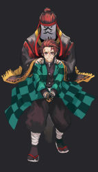 Rule 34 | 2boys, black background, black jacket, black legwear, black pants, blood, blood from mouth, father and son, full body, hands on another&#039;s shoulder, haori, highres, holding, holding sword, holding weapon, jacket, japanese clothes, kamado tanjirou, kamado tanjuurou, katana, kimetsu no yaiba, looking at viewer, male focus, military, military jacket, military uniform, multiple boys, pants, red hair, sawarakajin, scar, scar on face, scar on forehead, short hair, simple background, spiked hair, sword, tabi, uniform, weapon