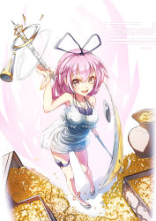 Rule 34 | 1girl, anklet, bare shoulders, bracelet, cross, glycyrrhizae, gold, hair ribbon, jewelry, necklace, original, pectorals, pink eyes, pink hair, pot, ribbon, ring, sandals, scythe, solo, thigh strap, treasure chest, weapon