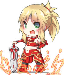 Rule 34 | 1girl, :d, armor, bad id, bad pixiv id, bare shoulders, black thighhighs, blonde hair, blush, boots, braid, breastplate, chibi, clarent (fate), commentary request, dated, dreamusun, fang, fate/apocrypha, fate/grand order, fate (series), fire, green eyes, hand on hilt, hand on own hip, long hair, mordred (fate), mordred (fate/apocrypha), navel, open mouth, ponytail, red armor, red footwear, sidelocks, signature, smile, solo, standing, sword, thighhighs, weapon, white background