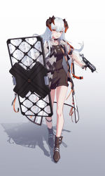 Rule 34 | 1girl, absurdres, arknights, bare legs, black choker, black footwear, black shirt, black shorts, boots, chinese commentary, choker, commentary request, dragon horns, full body, grey background, highres, holding, holding shield, holding weapon, horns, lnk17, long hair, long sleeves, looking at viewer, orange eyes, parted lips, saria (arknights), see-through, see-through coat, shadow, shield, shirt, shorts, solo, syringe gun, walking, weapon, white background, white hair