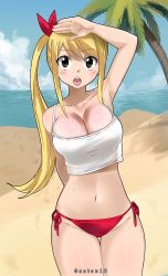 Rule 34 | 1girl, artist name, bikini, blonde hair, bow, breasts, brown eyes, cleavage, crop top, fairy tail, gaston18, highres, large breasts, lucy heartfilia, midriff, palm tree, panties, red bow, red panties, solo, swimsuit, tagme, tree, underwear