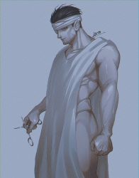 Rule 34 | 1boy, artist name, bandaged head, bandages, bara, black hair, closed mouth, facial hair, facial scar, golden kamuy, highres, holding, holding scissors, k3to bt, male focus, muscular, muscular male, naked robe, ogata hyakunosuke, pectorals, robe, scar, scar on cheek, scar on face, scissors, short hair, smile, solo