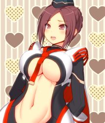 Rule 34 | 1girl, :d, armor, arms behind back, asamura hiori, blush, breastplate, breasts, brown eyes, brown hair, cape, center opening, curvy, edea cluster, eyes visible through hair, faulds, garrison cap, groin, hat, heart, heart background, hip focus, large breasts, leotard, looking at viewer, navel, necktie, no bra, open mouth, pauldrons, phantasy star, phantasy star online 2, polka dot, purple eyes, purple hair, seraphy, short hair, shoulder armor, smile, solo, striped, striped background, thick thighs, thighs, turtleneck, underboob, upper body, vertical stripes, wide hips