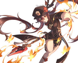 Rule 34 | 1girl, absurdres, bright pupils, brown coat, brown hair, brown hat, brown shorts, chinese commentary, coat, coattails, dated, fire, flower, flower-shaped pupils, genshin impact, grin, hair between eyes, hat, hat flower, hat tassel, highres, holding, holding polearm, holding weapon, hu tao (genshin impact), knee up, long hair, long sleeves, looking at viewer, mingming8, orange eyes, polearm, reaching, shorts, signature, simple background, smile, socks, solo, staff of homa (genshin impact), symbol-shaped pupils, twintails, weapon, white background, white pupils, white socks