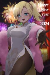 Rule 34 | 1girl, 2024, aerial fireworks, black gloves, black pantyhose, blonde hair, blue eyes, blurry, blurry background, breasts, campbell xx, china dress, chinese clothes, commentary request, cowboy shot, dragon print, dress, elle vianno, feather boa, fireworks, foreshortening, gloves, gundam, gundam zz, hair ribbon, happy new year, highres, light blush, long sleeves, looking at viewer, medium breasts, new year, open hand, open mouth, outstretched arm, pantyhose, ponytail, reaching, reaching towards viewer, red ribbon, ribbon, side slit, smile, solo, teeth, thighs, upper teeth only, white dress