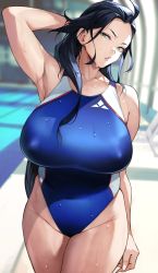 Rule 34 | 1girl, absurdres, ahoge, arm at side, arm behind head, armpits, black hair, blue one-piece swimsuit, blurry, blurry background, breasts, collarbone, competition swimsuit, depth of field, green eyes, highres, huge breasts, indoors, long hair, looking at viewer, mature female, one-piece swimsuit, original, pool, solo, swimsuit, thighs, wet, yoshio (55level)