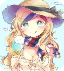 Rule 34 | 10s, 1girl, bad id, bad pixiv id, blonde hair, blue background, blue eyes, blue hair, breasts, cleavage, commandant teste (kancolle), food, hat, ice cream, iipoyo (364poyo), kantai collection, long hair, looking at viewer, multicolored clothes, multicolored hair, multicolored scarf, red hair, scarf, simple background, solo, straw hat, streaked hair, sun hat, tongue, tongue out, upper body, white hair