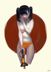 Rule 34 | 1girl, artist name, black eyes, black hair, blunt bangs, bow, bow panties, bracelet, breasts, collarbone, covering privates, covering breasts, cowboy shot, etama quomo, gun, hair ornament, hair tie, hand on own shoulder, hand up, holding, holding gun, holding weapon, jewelry, large breasts, legs apart, navel, nose, orange panties, original, panties, parted lips, short hair, signature, solo, topless, twintails, underwear, underwear only, weapon