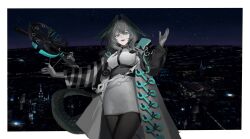 Rule 34 | 1girl, :d, absurdres, aqua eyes, aqua wings, arknights, black jacket, black pantyhose, black wings, breasts, cityscape, commentary request, dress, gloves, grey gloves, hair between eyes, hand up, head wings, highres, ho&#039;olheyak (arknights), jacket, long sleeves, looking at viewer, medium breasts, night, night sky, open clothes, open jacket, open mouth, pantyhose, puffy long sleeves, puffy sleeves, qunai, sky, smile, solo, star (sky), starry sky, tail, white dress, wings