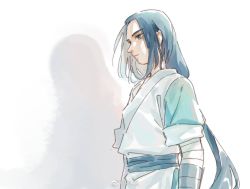 Rule 34 | 1boy, bandaged arm, bandages, blue eyes, blue hair, guagua sun, long hair, low-tied long hair, shadow, short sleeves, sidelocks, simple background, solo, luo xiaohei zhanji, upper body, very long hair, white background, wuxian (the legend of luoxiaohei)